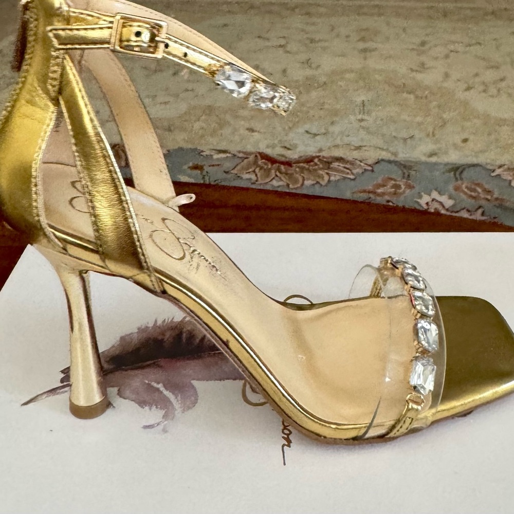 NWB Jessica Simpson Gold Clear Rhinestone Square Toe Heels Sz 7.5 Heel 4”